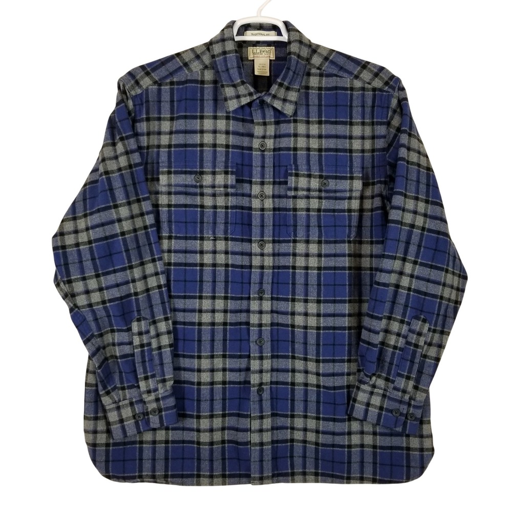 LL Bean Chamois Cloth Shirt Mens XL Blue Grey Plaid Traditional Fit 277981